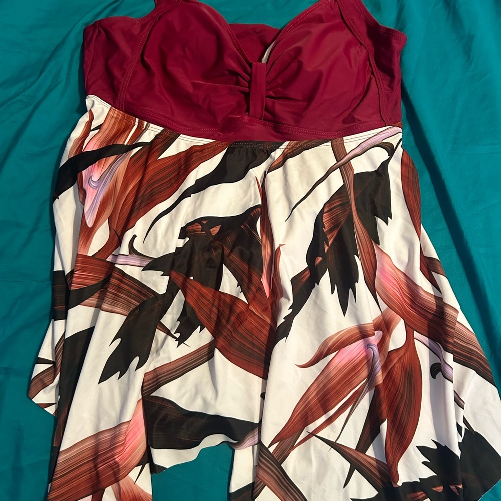 Red and Floral Strapless 2pc swim wear